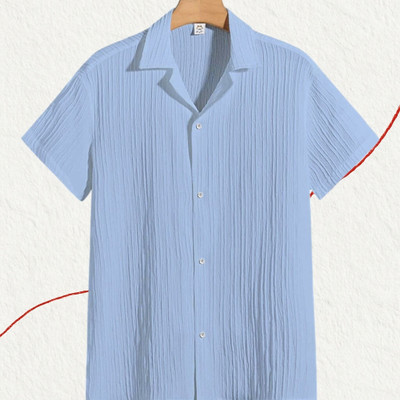 A DEEMOON TREND Men Self Design Casual Light Blue Shirt