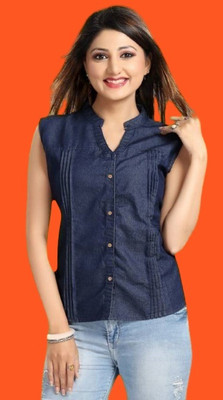 Wingzss Women Solid Casual Blue Shirt