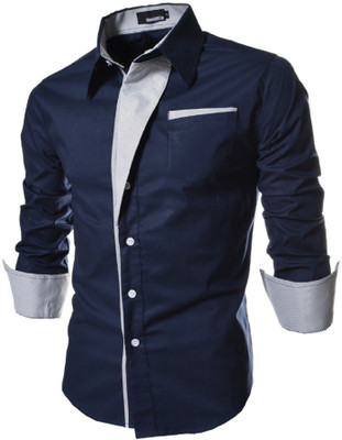 UD FABRIC Men Self Design Casual Dark Blue Shirt