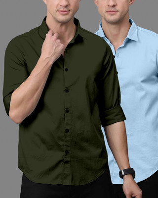 OXXOM Men Solid Casual Green, Light Blue Shirt(Pack of 2)