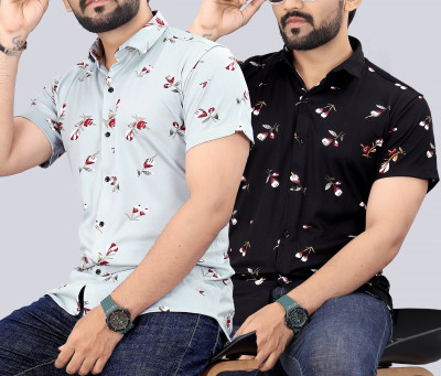 COMBRAIDED Men Printed Casual Black, Grey Shirt(Pack of 2)