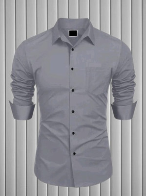 MUMIN Men Self Design Formal Grey Shirt