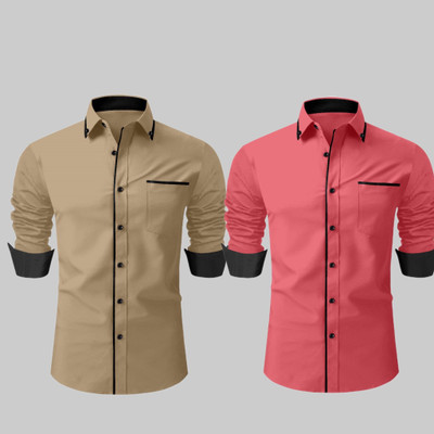 LAXBON Men Solid Casual Beige, Pink Shirt(Pack of 2)