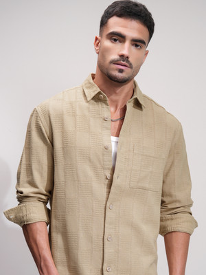 HIGHLANDER Men Self Design Casual Beige Shirt