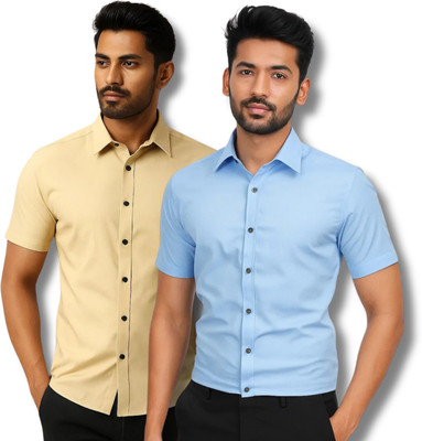 RAREMARK Men Self Design Formal Beige, Light Blue Shirt(Pack of 2)