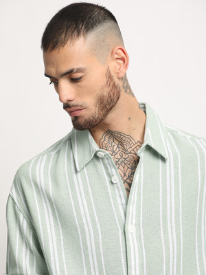 THE BEAR HOUSE Men Striped Casual Light Green Shirt