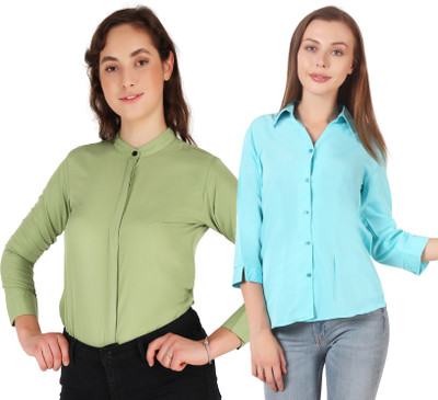 Mamnoon Women Solid Casual Light Green Shirt(Pack of 2)