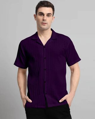 kruze Men Self Design, Striped Casual Purple Shirt