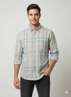 OXY-GENTZ Men Checkered Casual Light Blue, Beige Shirt