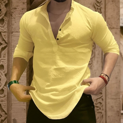 LEVIDE Men Self Design Casual Yellow Shirt