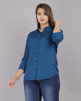 Demirner Women Solid Casual Blue Shirt