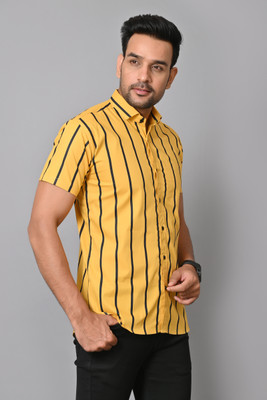 AMYOU Men Striped Casual Yellow Shirt