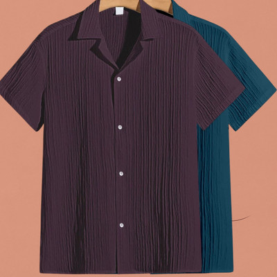 Looksky Men Self Design Casual Purple, Blue Shirt(Pack of 2)