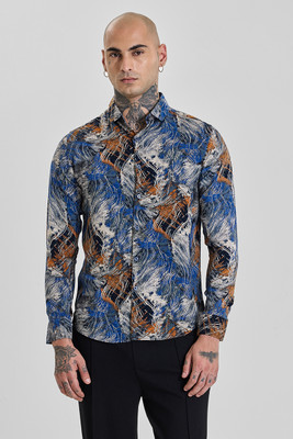 Snitch Men Printed Casual Dark Blue Shirt