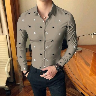 HouseOfCommon Men Printed Casual Grey Shirt