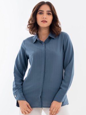 Halffgrey Women Solid Casual Blue Shirt