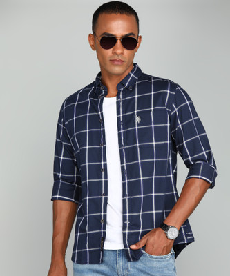 U.S. POLO ASSN. Men Checkered Casual Dark Blue, White Shirt