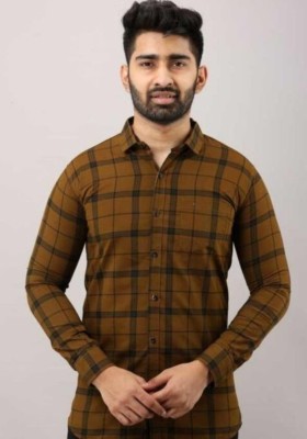 Studio-9 Men Checkered Casual Gold, Brown Shirt