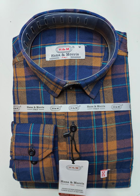 Hana & Morris Men Checkered Casual Blue, Brown Shirt