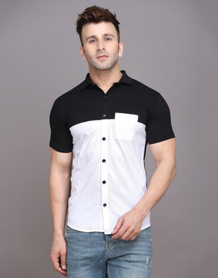 GEUM Men Color Block Casual White, Black Shirt