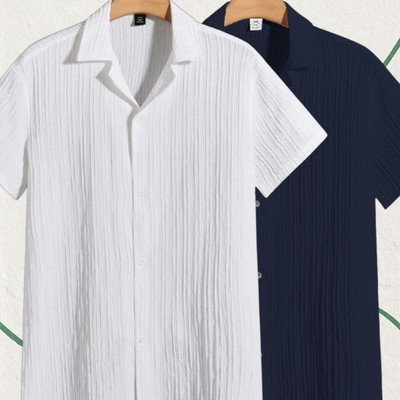 Jenil Fashion Men Self Design Casual White, Dark Blue Shirt(Pack of 2)