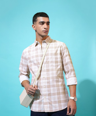 HIGHLANDER Men Checkered Formal Beige Shirt