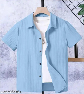 Cresale Boys Self Design Casual Blue Shirt