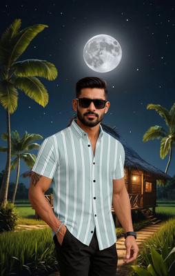 Restyte Men Striped Casual White, Blue Shirt