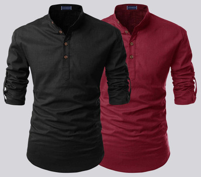 Fifth U Men Solid Straight Kurta(Black, Maroon)