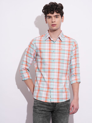 BEING HUMAN Men Checkered Casual Orange, White, Light Blue Shirt