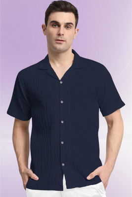 A DEEMOON TREND Men Self Design Casual Dark Blue Shirt