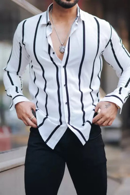 OCtaviAN Men Striped Casual White, Black Shirt