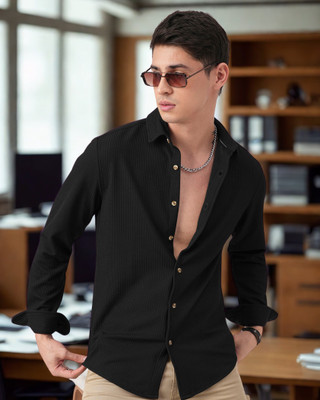 INDICLUB Men Striped Casual Black Shirt