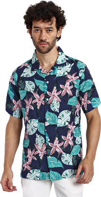 Leriya Fashion Men Floral Print Casual Blue Shirt