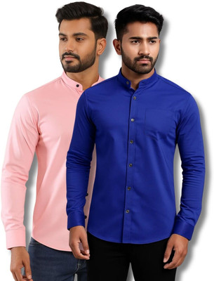MAHIRAN Men Solid Casual Pink, Dark Blue Shirt(Pack of 2)