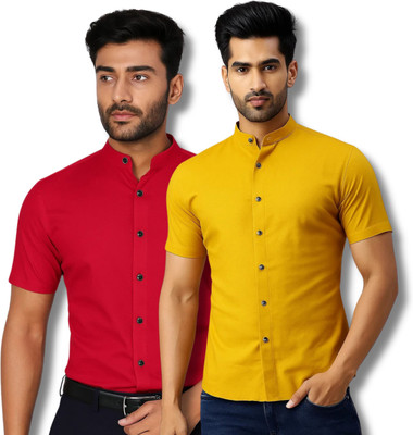 CROWNTAIL Men Solid Casual Red, Yellow Shirt(Pack of 2)