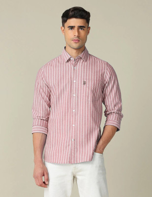 fullmart Men Striped Casual Pink Shirt