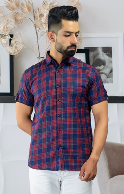 BASE 41 Men Checkered Formal Red Shirt