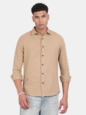 BLU MNKY Men Self Design Casual Brown Shirt