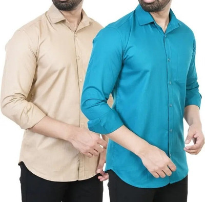 Hansroop Men Solid Casual Dark Blue, Cream Shirt(Pack of 2)