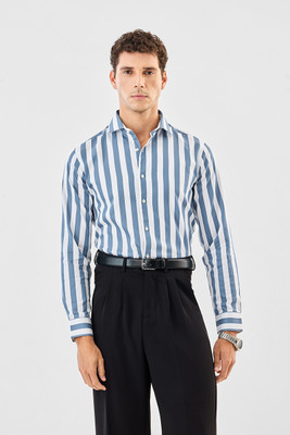 Snitch Men Striped Formal Blue Shirt