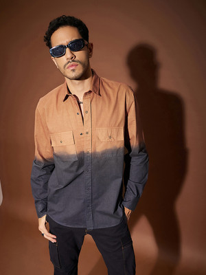 MASCLN SASSAFRAS Men Color Block Casual Orange, Dark Blue Shirt