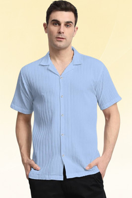 A DEEMOON TREND Men Striped, Self Design, Solid Casual Light Blue Shirt