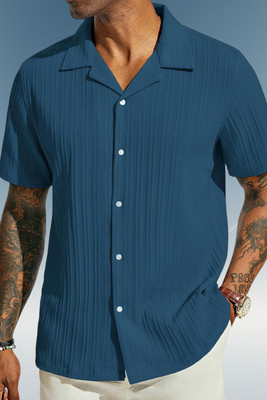 A DEEMOON TREND Men Striped, Solid Casual Blue Shirt