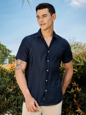 THOMAS SCOTT Men Self Design Casual Dark Blue Shirt