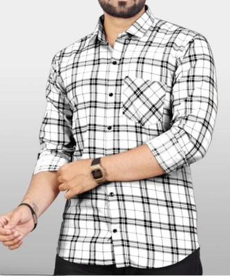 MENPLANET Men Checkered Casual White Shirt