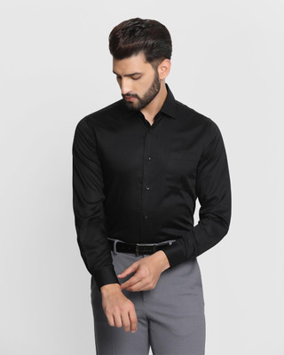 GLOREN Men Solid Formal Black Shirt