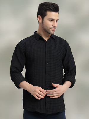 Pribha Fashion Men Self Design Casual Black Shirt