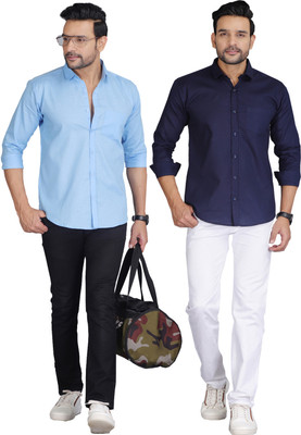 FAVNIC Men Solid Casual Blue, Dark Blue Shirt(Pack of 2)