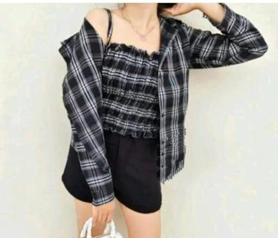 VASHENTERPRIS Women Checkered Casual White, Black Shirt